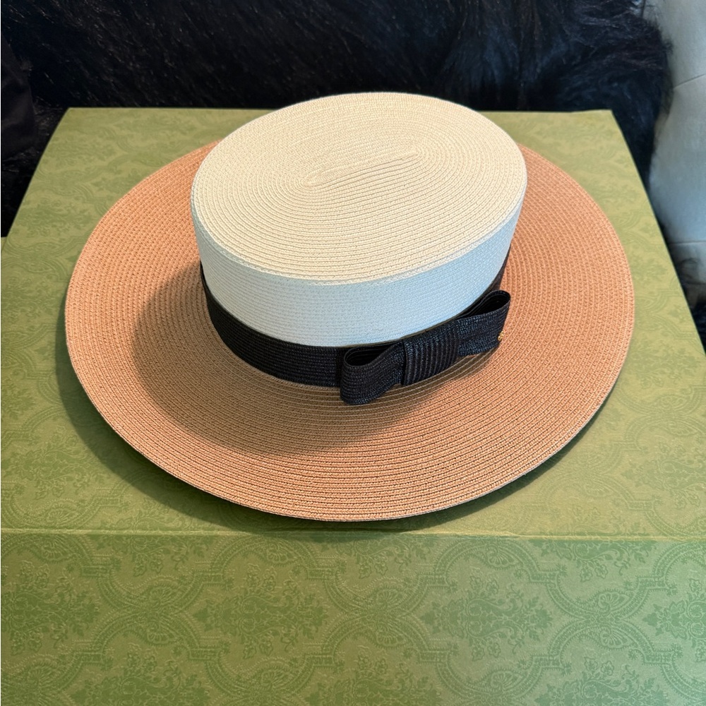 Gucci Cream and Tan Hat with Black Ribbon